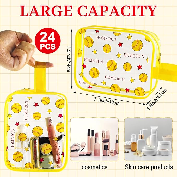 24 PCS Softball Gift Accessories Bags Softball Cosmetic Bags Goodie Snack Makeup Pouch Bag Waterproof Clear PVC Travel Bag with Zipper for Girls Team Gifts Valentine Player Sport Party Favors
