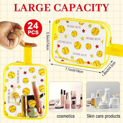 24 PCS Softball Gift Accessories Bags Softball Cosmetic Bags Goodie Snack Makeup Pouch Bag Waterproof Clear PVC Travel Bag with Zipper for Girls Team Gifts Valentine Player Sport Party Favors