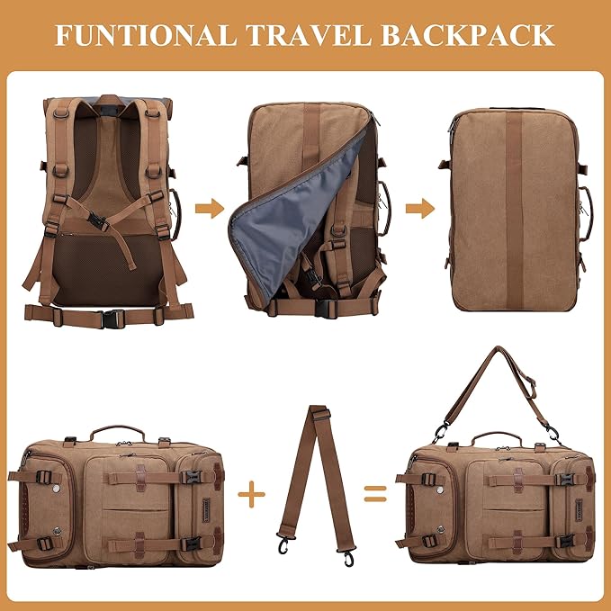 WITZMAN Travel Backpack for Men 40L Large Carry-on Airline Approved Convertible 3 in 1 laptop Bags Fit 17 inch(A8013 Brown)