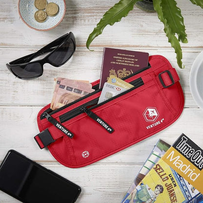 VENTURE 4TH Money Belt for Travel – Hidden Under-Clothes RFID Blocking Passport Holder & Slim Travel Wallet Pouch for Men & Women to Protect Cash, Cards & Documents (Red)
