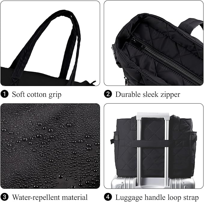 Puffer Tote Bag for Women, Work Bag with Cup Holder, Teacher Bag with Compartments, Quilted Tote Bag with Zipper for Travel