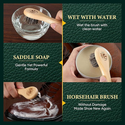 Leather Boot Care Kit - Mink Oil,Saddle Soap,Horsehair Brushes,Applicator & Microfiber Cloth,Flannel bag,Leather Work Boots Cleaning,Shoe boot Shine Cleaning Kit Gift for Cowboy Husband Dad