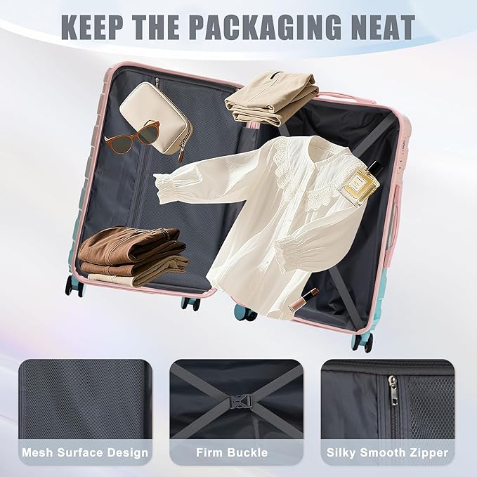Campfun 3 Piece Luggage Sets, PC Gradient Color Suitcase Set with Double Spinner Wheels, Durable Carry On Luggage with Combination Lock, 20/24/28 inch, Pink+Blue