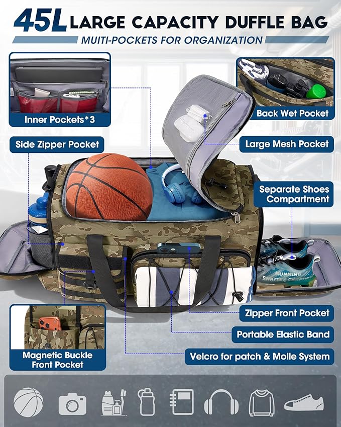 SDYSM Gym Bag for Men 45L Sports Duffel Bags 3-in-1 Travel Duffel Bag with Shoe Compartment, Gym Workout Backpack Carry On Weekender Bag Overnight Bag for Travel, KhakiCamouf