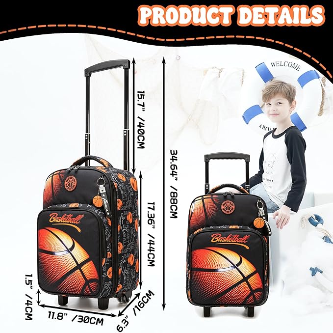Kids Basketball Luggage with Wheels Suitcases Travel Softside Suitcases 16" Carry on Suitcase with Duffle Bag Luggage Sets Airline Approved