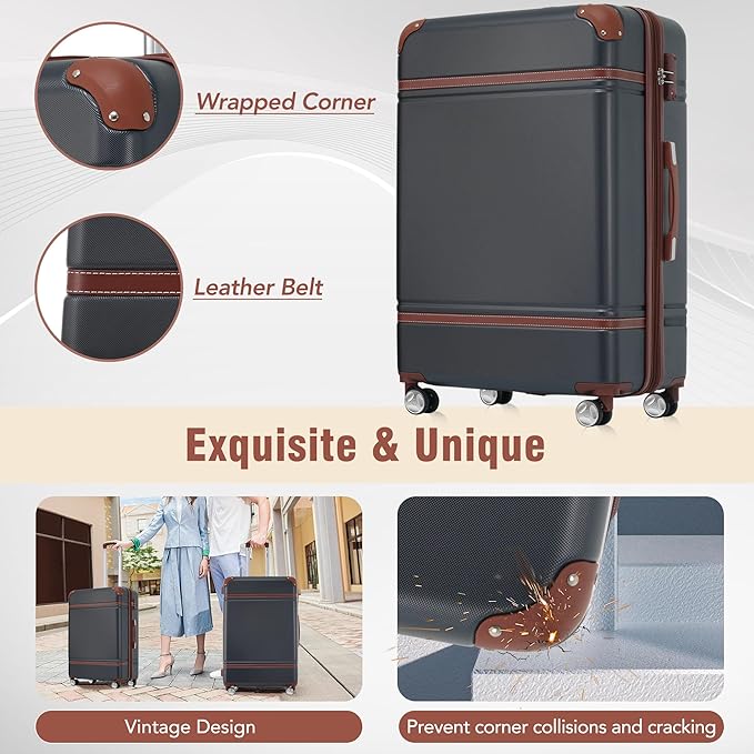 Merax Luggage Set 3 Piece Suitcase Set with 1 Cosmetic Case Expandable Spinner Wheels Vintage Luggage Sets(Black,20"+24"+28")