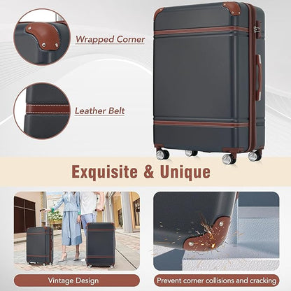 Merax Luggage Set 2 Piece Suitcase Set with Cosmetic Case Expandable Spinner Wheels Vintage Luggage Sets(Black,20"+24")