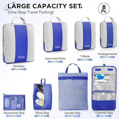8 Set Compression Packing Cubes for Travel Essentials,Compressible Expandable Packing Cubes for Suitcase,OlarHike Luggage Organizer Bags for Travel,Handy Helper for Organizing Clothes(Klein Blue)