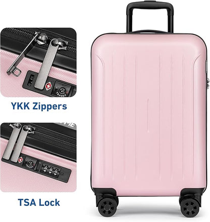 KYME Carry on luggage 22x14x9 Airline Approved Suitcase Hardshell With Double Spinner Wheels, PC+ABS TSA Lock Travel Luggage (Pink, 20" Carry On)