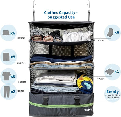Stow-N-Go Portable Hanging Travel Shelves, Packing Organizer for Luggage. Carry on Closet for Clothes. Expandable Packing Cube. Travel Essentials. Dak Gray - XL