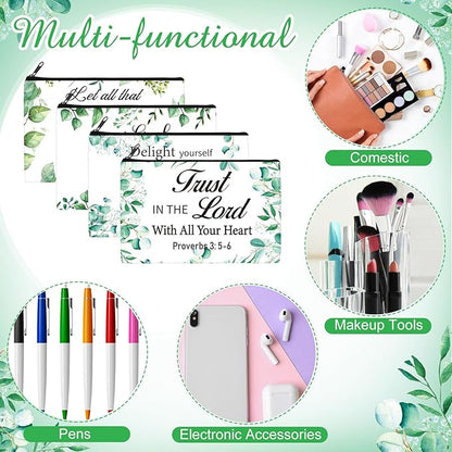 Hillban 36 Pcs Christian Gifts for Women Christian Makeup Bag Bible Verse Cosmetic Bag Inspirational Pencil Case with Zipper Green Leaves Travel Organizer Pouch for Cosmetics Makeup Brushes, 12 Styles