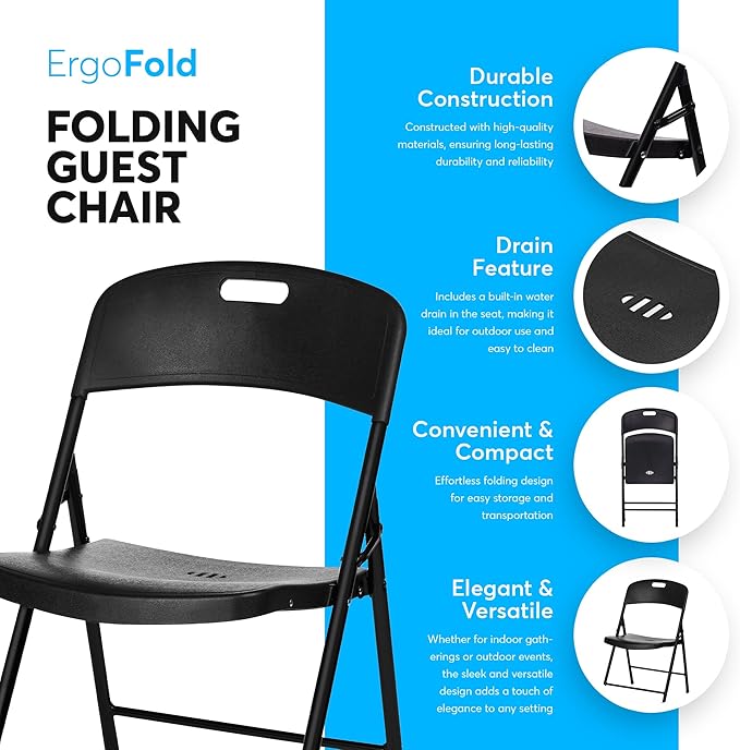 Oline Folding Chair, Indoor Outdoor Plastic Commercial Stackable Foldable Guest Chairs for Events Office Wedding Party Picnic Kitchen Dining, 350lb Capacity (Black, 2 Pack)