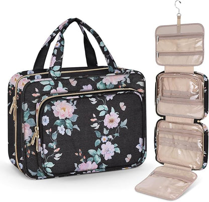 Wedama Toiletry Bag for Women, Large Cosmetic Travel Bag, Hanging Toiletry Bag for Bathroom, PVC Waterproof Makeup Bag, Toiletries Bag for Travel Business Trips and Camping, Black+Pink Floral