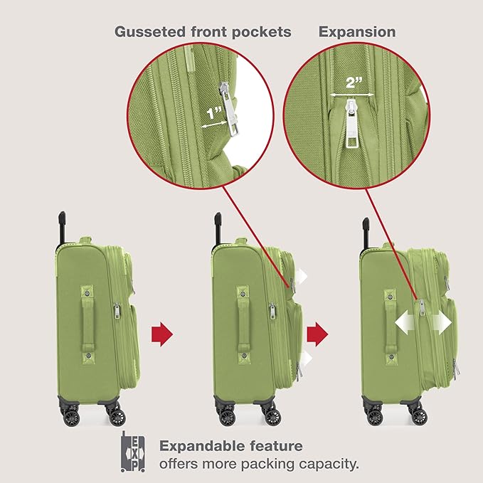 U.S. Traveler Rio Lightweight Softside Rolling Carry-on Suitcase, 4-Wheel Set, Light Green