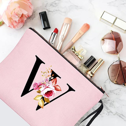 Vavabox A-Z Personalized Makeup Bag, Birthday Gifts for Women Mom, Gifts for Best Friend, Bride Bridesmaid Cosmetic bag (W, Pink)