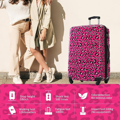 Merax Luggage Sets 3 Piece, Hardside Expandable Suitcase Set with Spinner Wheels, Lightweight Leopard 20+24+28 IN Suitcase with Carry on Luggage, Leopard Hot Pink