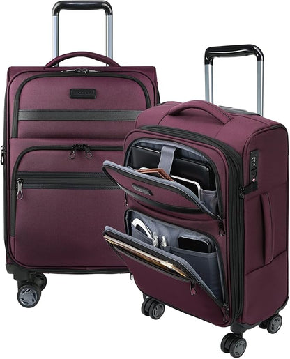 KROSER Softside Expandable Carry On Luggage with Front Business Pockets，20 Inch Suitcases with Spinner Wheels & Built-in TSA Lock, Durable Suitcase Rolling Luggage with USB Port, Burgundy