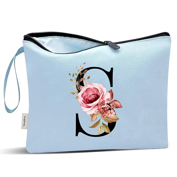 Vavabox A-Z Personalized Makeup Bag, Birthday Gifts for Women Mom, Gifts for Best Friend, Bride Bridesmaid Cosmetic bag (S, Blue)