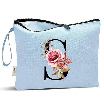Vavabox A-Z Personalized Makeup Bag, Birthday Gifts for Women Mom, Gifts for Best Friend, Bride Bridesmaid Cosmetic bag (S, Blue)