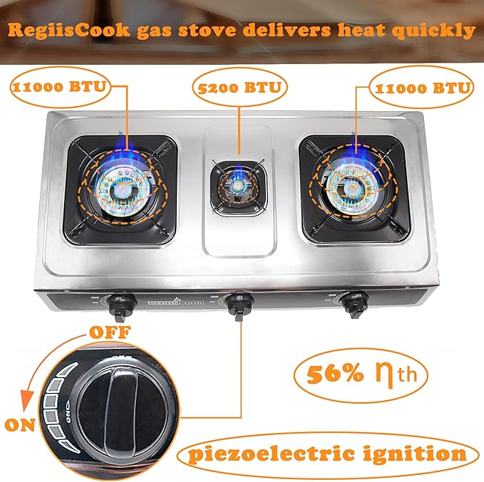 3 Burners Propane Gas Cooktop,Camping Portable LPG Gas Stove, Auto Ignition Stainless Steel Countertop with regulator and burner grate
