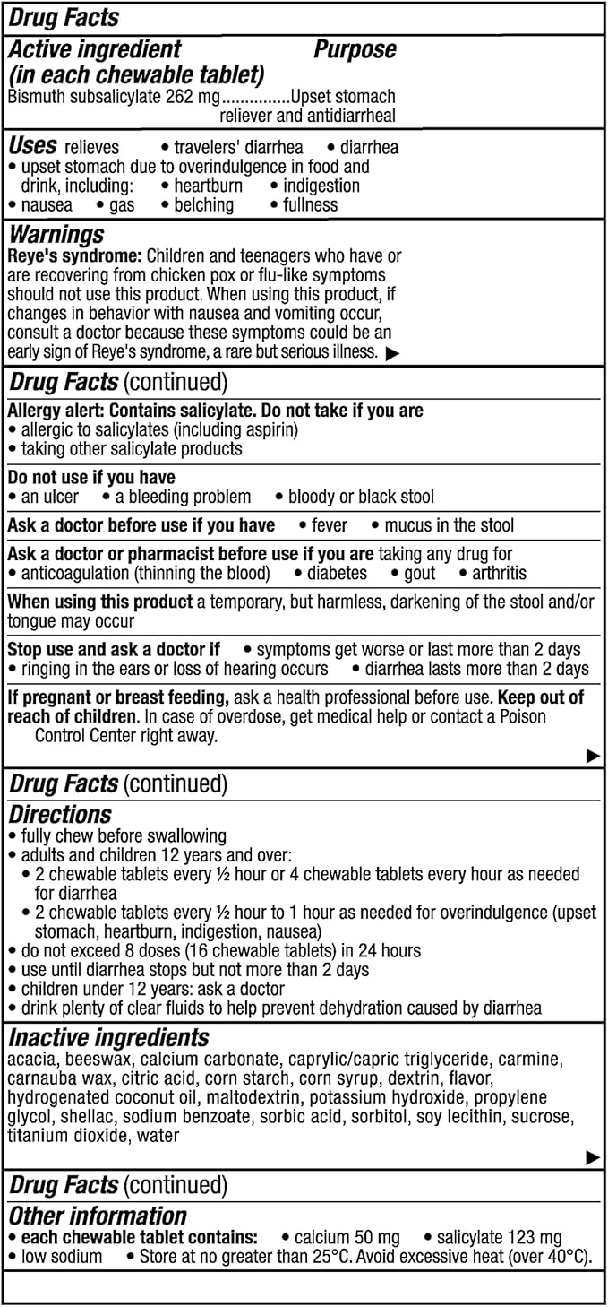 Pepto Bismol Chews, Upset Stomach Relief, Nausea Relief, Heartburn Relief, Indigestion Relief, Anti Diarrhea Medication for Adults - 5 Symptom Fast Relief, 72 Chewable Tablets (3x24 ct)