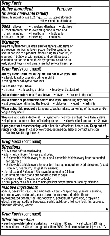 Pepto Bismol Chews, Upset Stomach Relief, Nausea Relief, Heartburn Relief, Indigestion Relief, Anti Diarrhea Medication for Adults - 5 Symptom Fast Relief, 72 Chewable Tablets (3x24 ct)
