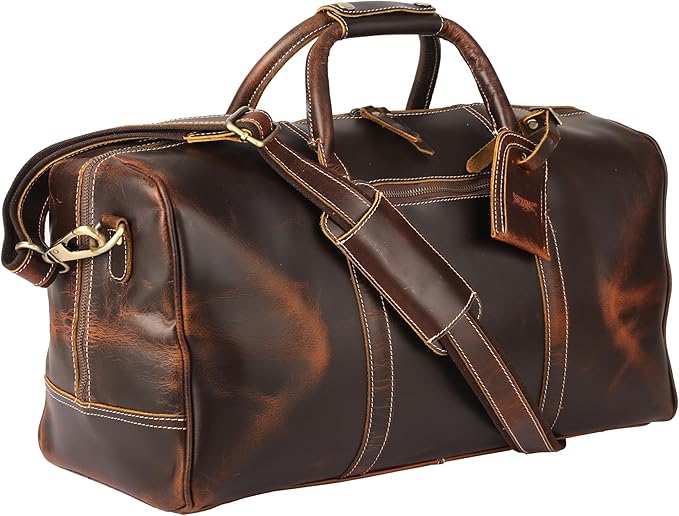 KomalC Leather Duffle Bags for Men and Women Travel Overnight Weekend sports bag holdall Gym Duffel for Men (Dark Tan, 20 Inch)
