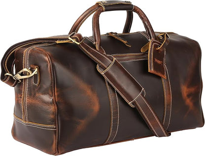 KomalC Leather Duffle Bags for Men and Women Travel Overnight Weekend sports bag holdall Gym Duffel for Men (Dark Tan, 20 Inch)
