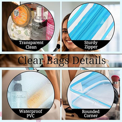 6 Pieces Large Clear Makeup Bags Bulk TSA Approved Toiletry Bag for Travel Transparent PVC Clear Cosmetic Pouch with Zipper, Waterproof Plastic Organizer Case for Carry-on Travel Essentials