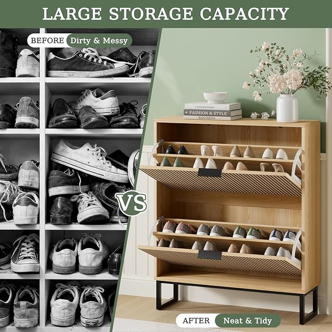 Shoe Cabinet Storage Entryway Slim, Shoe Organizer Cabinet with 2 Flip Drawers, Modern Freestanding Hidden Shoe Rack for Entryway, Natural Wood