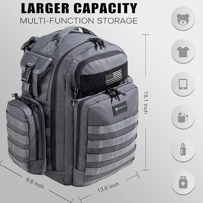 Dinictis Dad Diaper Bag, Mens Diaper Bag Backpack with Diaper Changing Mat, Military Diaper Backpack with Molle Webbing, Waterproof Pouch, Baby Wipes pocket, Insulated Bottle Pockets- Dark Grey