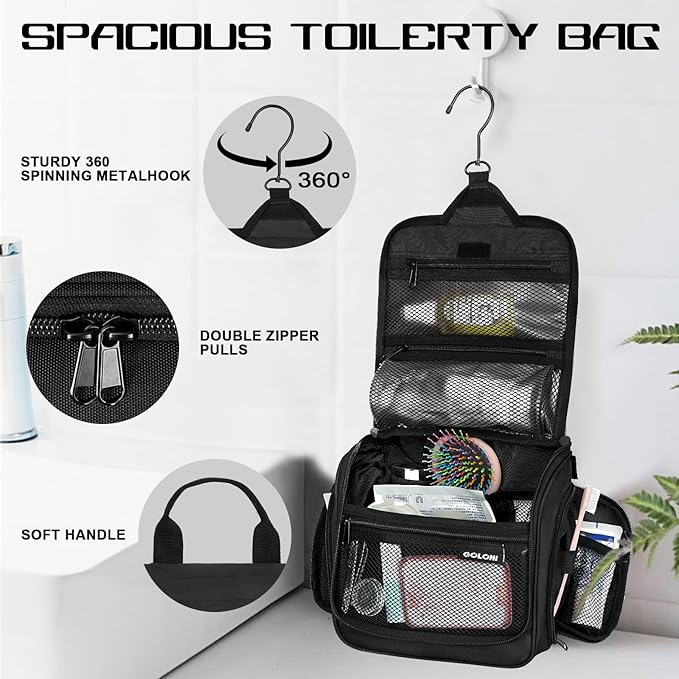Goloni Hanging Toiletry Bag with Hook, Large Makeup Bag Travel Organizer, Water-Resistant Hanging Cosmetic Bag with 10 Compartments for Women & Men,Black