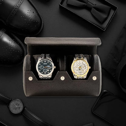 MR.OKAY 2 Watch Travel Case- Classic Leather Watch Case With Perfect Texture.Portable Watch Roll Or Organizer For Storage And Display. Luxury Gifts For Men, All Handmade by Artisans.