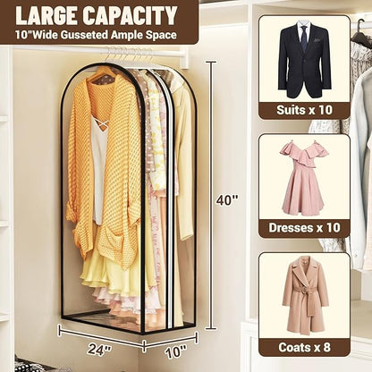 Garment Bags for Hanging Clothes 40” Long,Ultra Clear Suit Bags for Closet Storage, Moving Organization, Travel Covers with 10" Gussets for Coat, Dress, Shirt and Sweater - 3 PCS