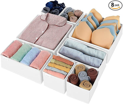 Criusia Drawer Organizer Clothes, 8 Pack Underwear Drawer Organizer, Foldable Closet Organizers and Storage Dresser Drawer Dividers for Clothes, Socks, Scarves, Ties (White)