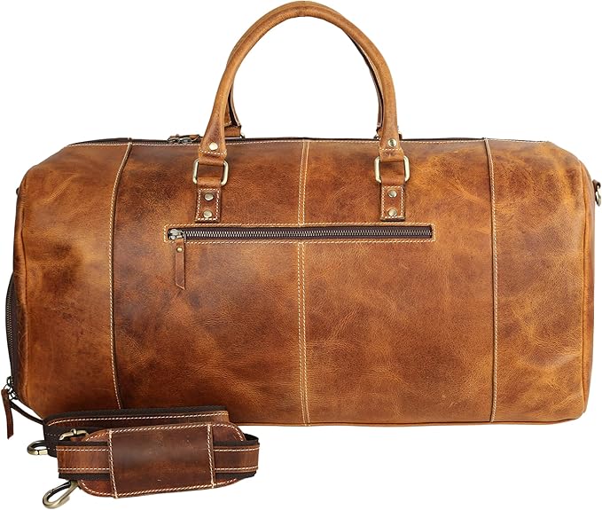 KomalC 24 Inch Leather Duffle Bags for Men and Women Travel Overnight Weekend Bag Sports Gym Duffel for Men (Tan with Shoe pocket)