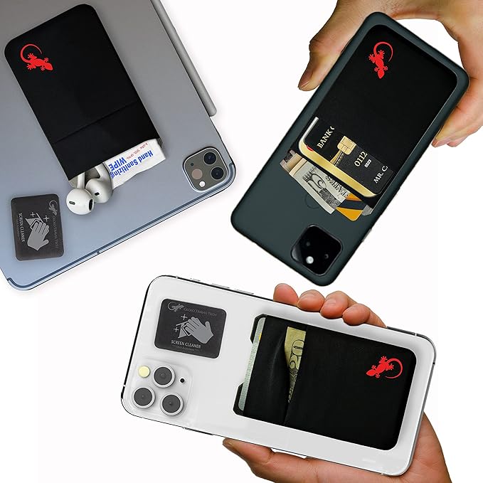 Gecko Travel Tech Double Pocket - Adhesive Card Holder - Cell Phone Pouch - Stick on Spandex Pocket - Carry Credit Cards and Cash (Logo - RED)
