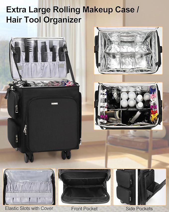 Relavel Rolling Makeup Case, 3 in 1 Hairstylist Traveling Bag Cosmetology Case on Wheels Large Hair Tools Cosmetics Train Case Makeup Artist Storage Organizer Trolley Suitcase with 360° Swivel Wheels