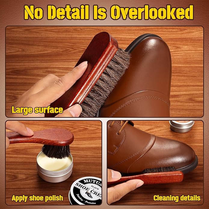 13PCS Horse Hair Shoe Brush Polish Cleaner Kit, 3PCS Shoe Brush With Black & Brown Mink Saddle Oil, Polishing Cloth Microfiber Cloth Storage Pouch