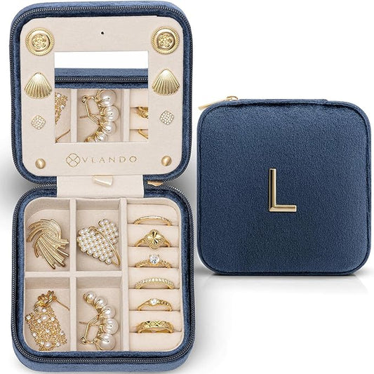 Vlando Travel Jewelry Case for Women Girls, L Initial Travel Jewelry Case, Small Jewelry Travel Case, Birthday Gifts for Women Mom Grandma - Letter L, Dark Blue
