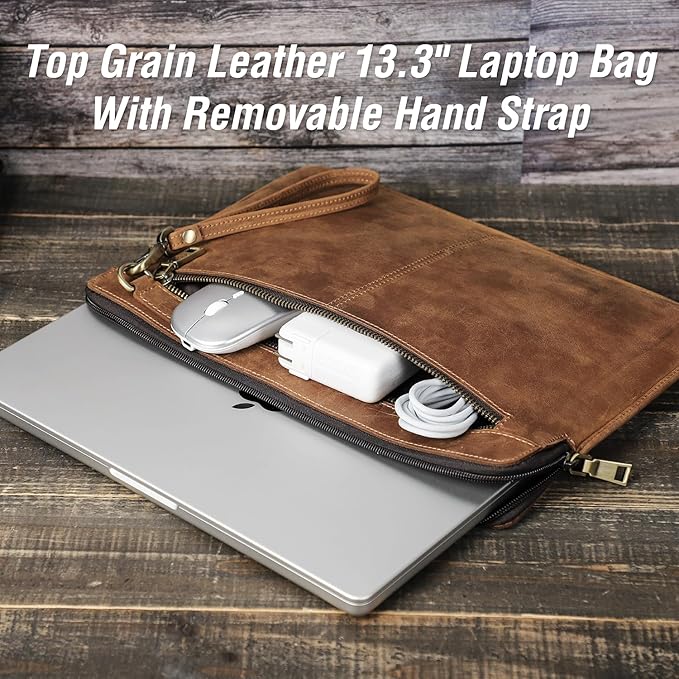 Top Grain Leather 13.3" Slim Laptop Sleeve Bag, Vintage Design with 2 Zip Pockets, Fully Handmade, Compatible with MacBook Pro 13.3" MacBook Air 2022 DELL XPS 13" & other PC, Brown 13.3 Inch