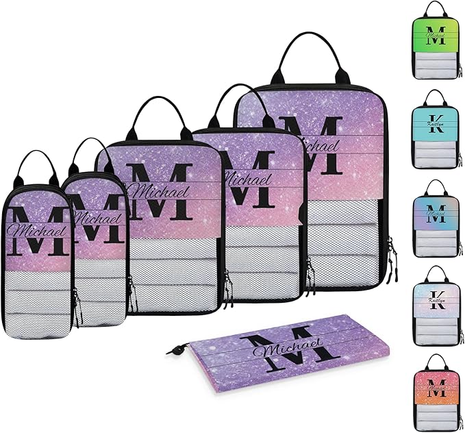 Personalized 6 Set Compression Packing Cubes for Travel Accessories Custom Initial Name Luggage Carry On Suitcase Compressible Expandable Packing Organizer, Purple Glitter