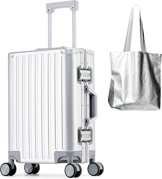 All Aluminum Carry On Luggage 22x14x9 Airline Approved Hard Shell Carry On Luggage Zipperless Luggage Metal 20inch Suitcase Luggage, Sliver