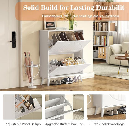 Slim Shoe Cabinet with 2 Flip Drawer,Modern White Shoe Organizer with Adjustable Shelves, Stylish Narrow Shoe Cabinet Storage for Entryway Hallway Bedroom Living Room