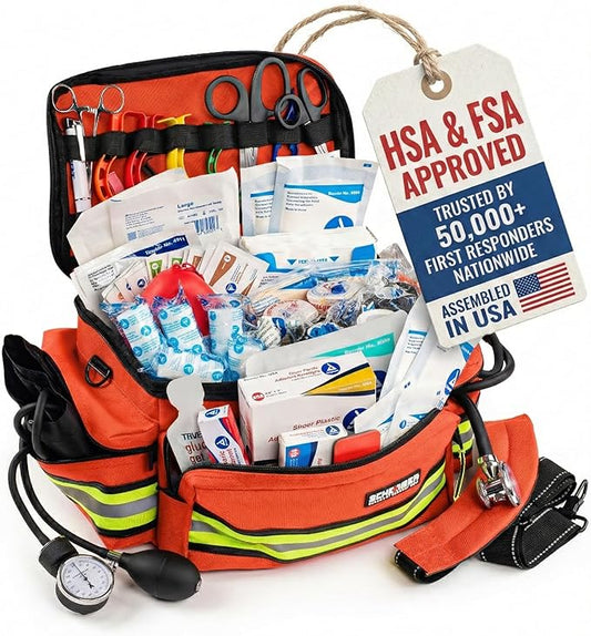 Scherber First Responder Fully-Stocked Professional Essentials EMT/EMS Trauma Kit | HSA/FSA Approved | Reflective Bag w/8 Zippered Pockets & Compartments & 200+ First Aid Supplies - Orange