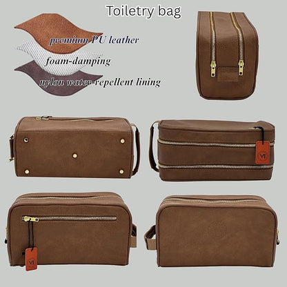 Dopp Gift Large Travel Toiletry Bag Premium Quality PU Leather Two compartments YKK Zippers Water-resistant Bottom Studs Mesh Pockets Durable Cosmetic Organizer BROWN
