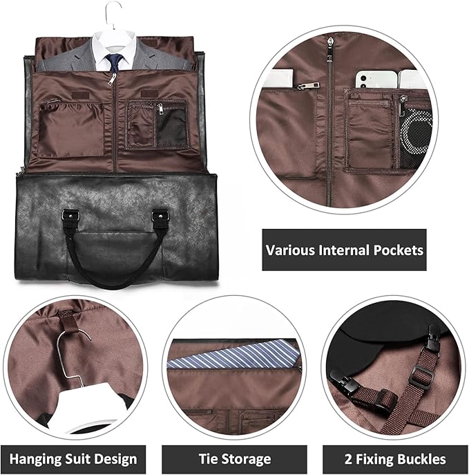 Carry on Garment Bags for Travel Leather Garment Duffle Bag Convertible Mens Suit Travel Bags with Shoe Compartment,Waterproof,Perfect for Business Travel/Husband Gifts (Black)