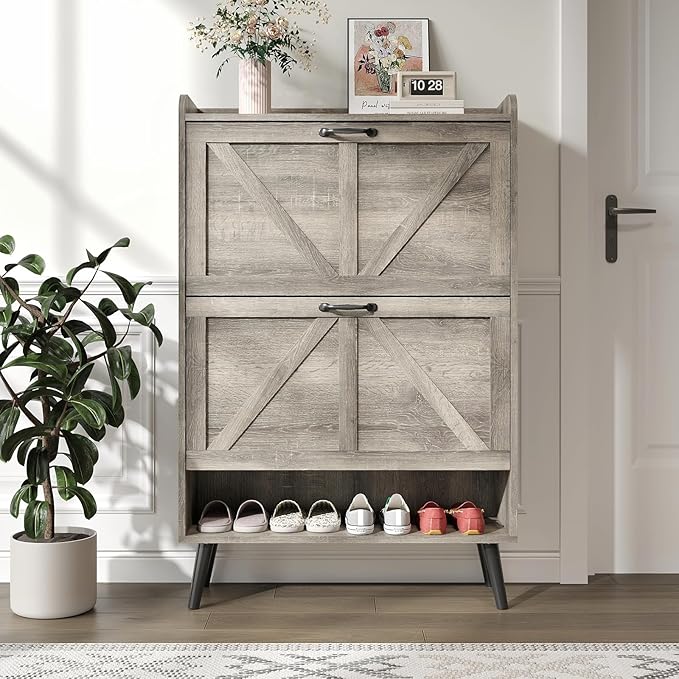 Shoe Storage Cabinet with 2 Flip Drawers, Hidden Shoe Cabinet Storage for Entryway Slim, Farmhouse Shoe Organizer with Wood Legs, Narrow Shoe Rack Cabinet, Washed Gray