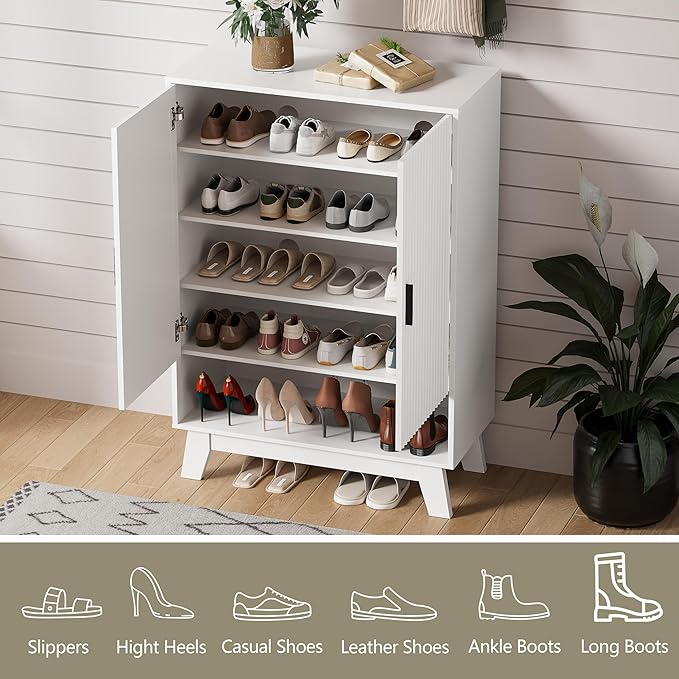 Shoe Cabinet Storage for Entryway with Doors, 5 Tier Fluted Shoe Organizer with Adjustable Shelves, Entryway Shoe Storage with Wooden Legs, Freestanding Hidden Shoe Rack for Front Door Entrance, White