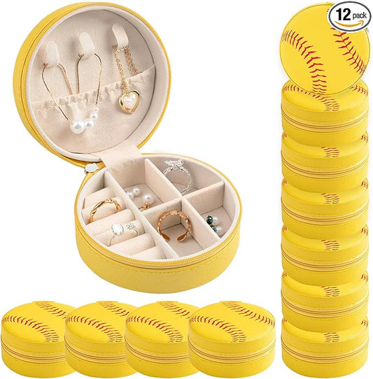 12-Pack Softball Mini Travel Jewelry Case Round Softball Stuff Portable Jewelry Organizer Storage Case for Christmas Sports Team Club Lovers Birthday Goodie Favors Gifts (Softball)
